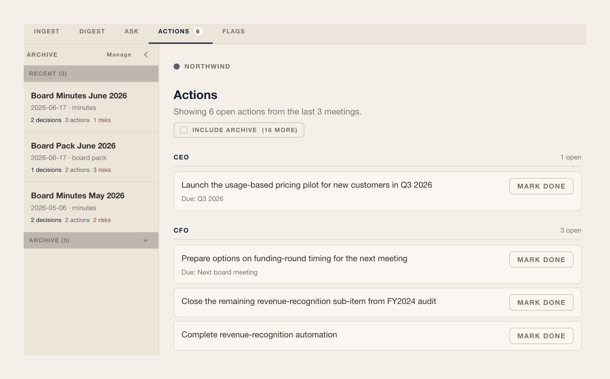 Quorums actions tracker: open board actions across recent meetings